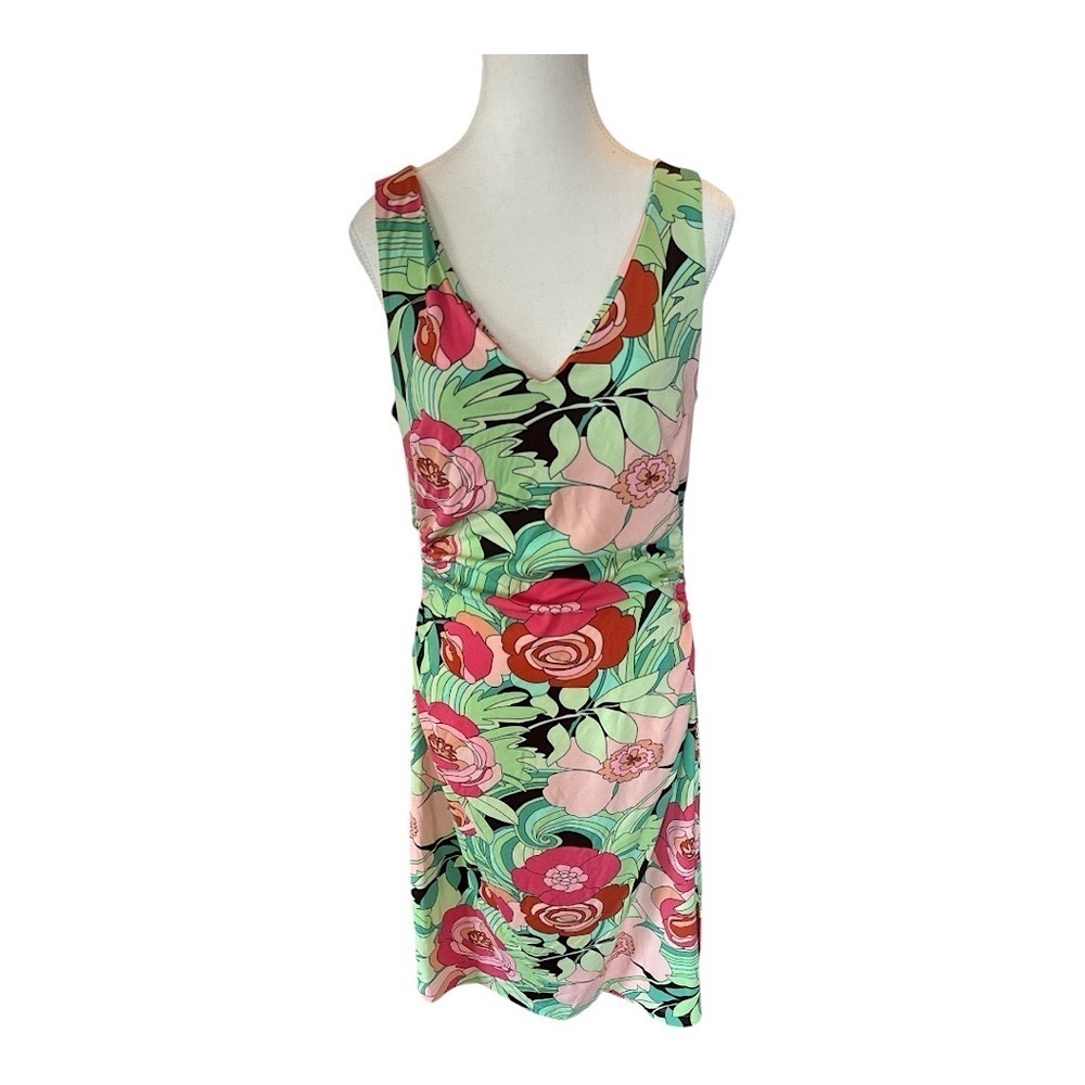 Vintage Y2K BCBG Floral Ruched V-Neck Cap sleeve Dress Size L